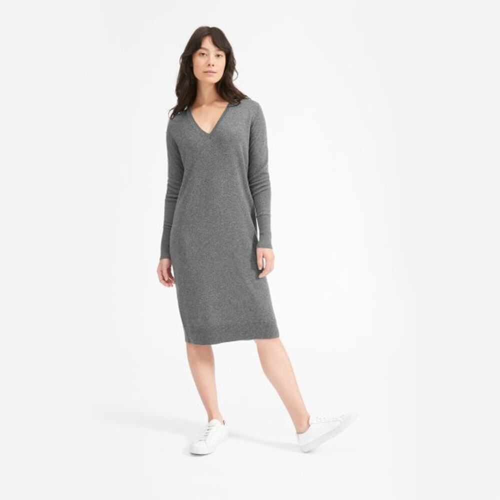 Everlane The Cashmere Long Sleeves V-Neck Midi Dress - S